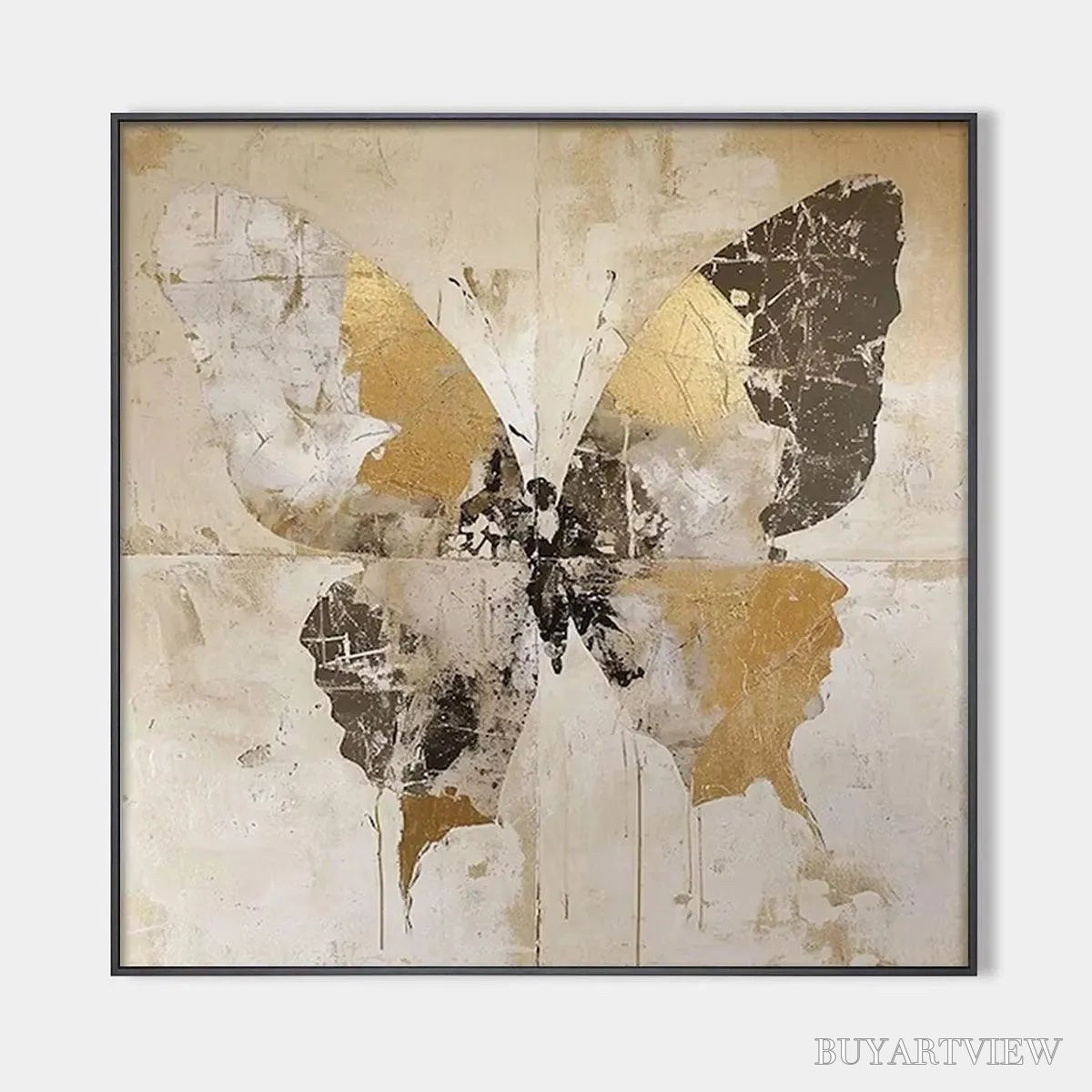 ARTOVITAS Golden Monarch – Gold Butterfly Painting, Square Canvas Art, Textured , Beige and Gold Decor - image 1