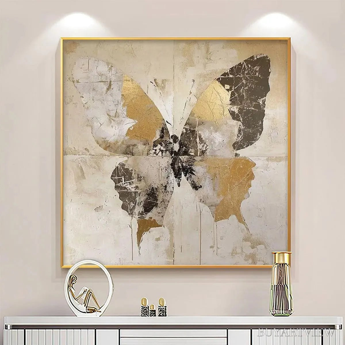 ARTOVITAS Golden Monarch – Gold Butterfly Painting, Square Canvas Art, Textured , Beige and Gold Decor - image 2