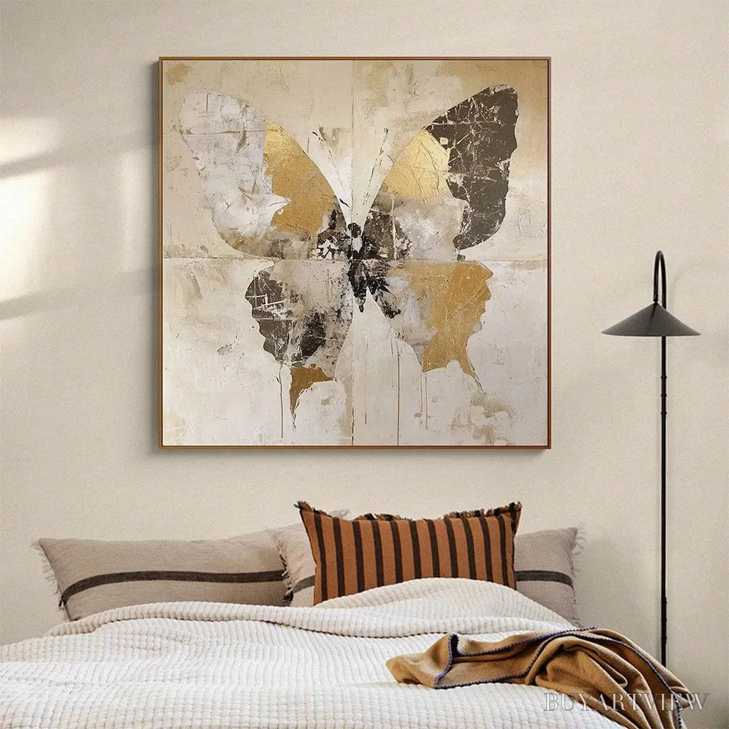 ARTOVITAS Golden Monarch – Gold Butterfly Painting, Square Canvas Art, Textured , Beige and Gold Decor - image 4