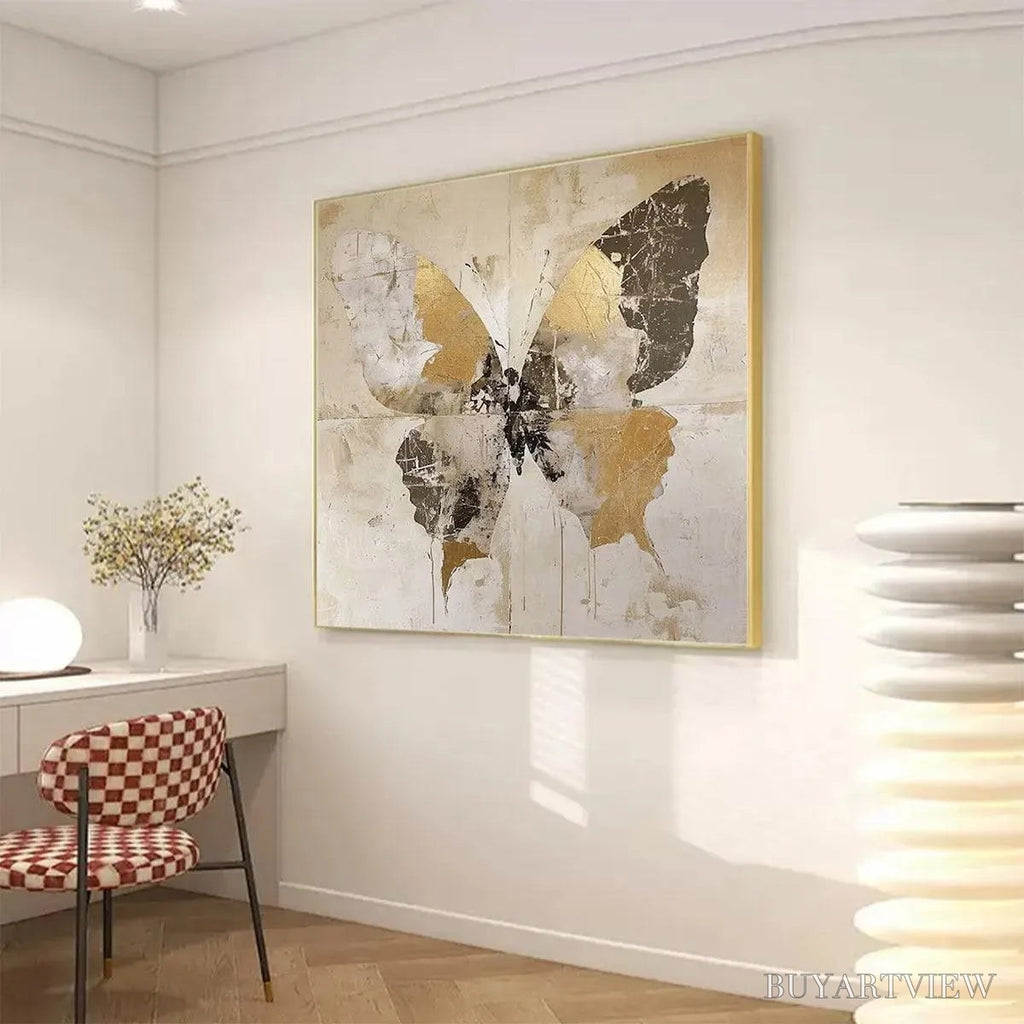 ARTOVITAS Golden Monarch – Gold Butterfly Painting, Square Canvas Art, Textured , Beige and Gold Decor - image 5