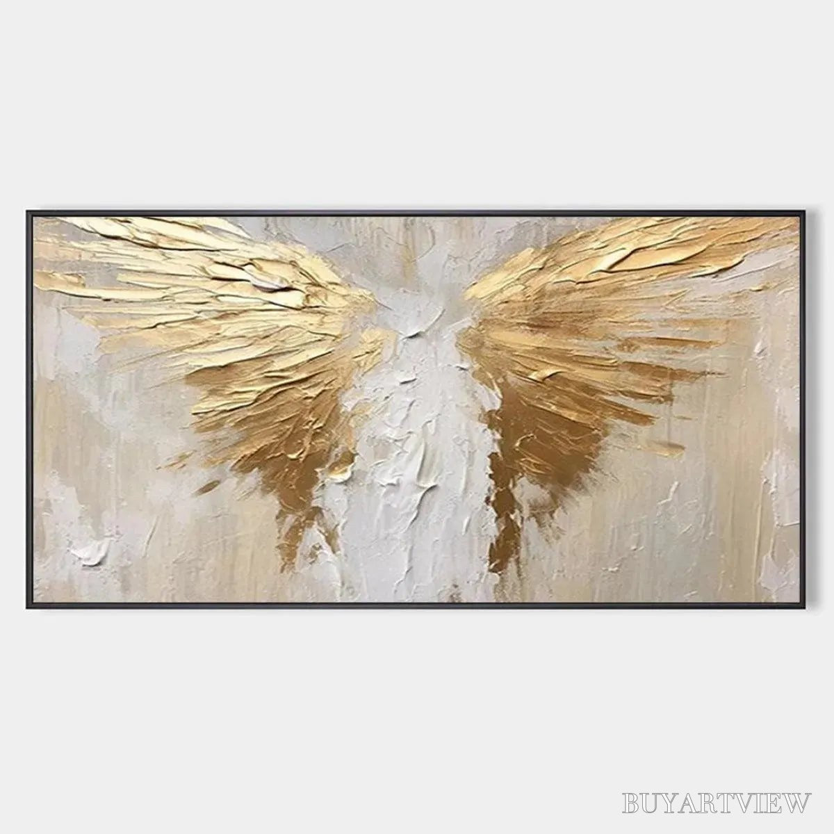ARTOVITAS Golden Wings – Textured Abstract Painting, Gold and Beige , Panoramic Canvas, Modern Decor - image 1