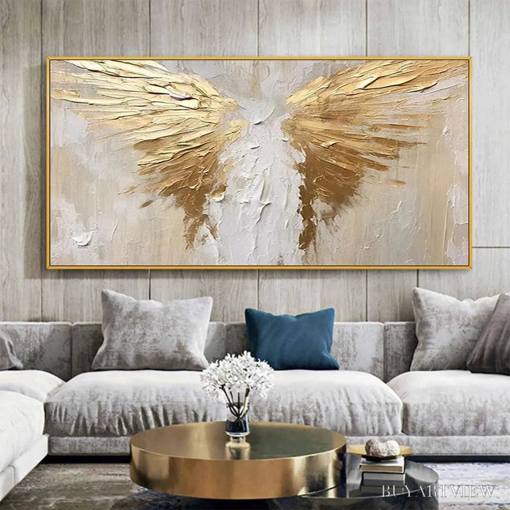 ARTOVITAS Golden Wings – Textured Abstract Painting, Gold and Beige , Panoramic Canvas, Modern Decor - image 2