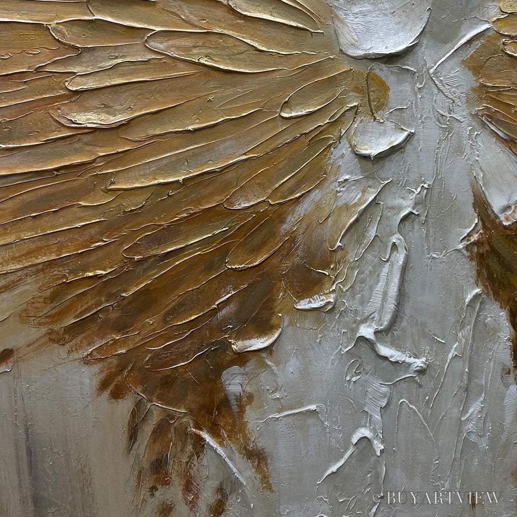 ARTOVITAS Golden Wings – Textured Abstract Painting, Gold and Beige , Panoramic Canvas, Modern Decor - image 3