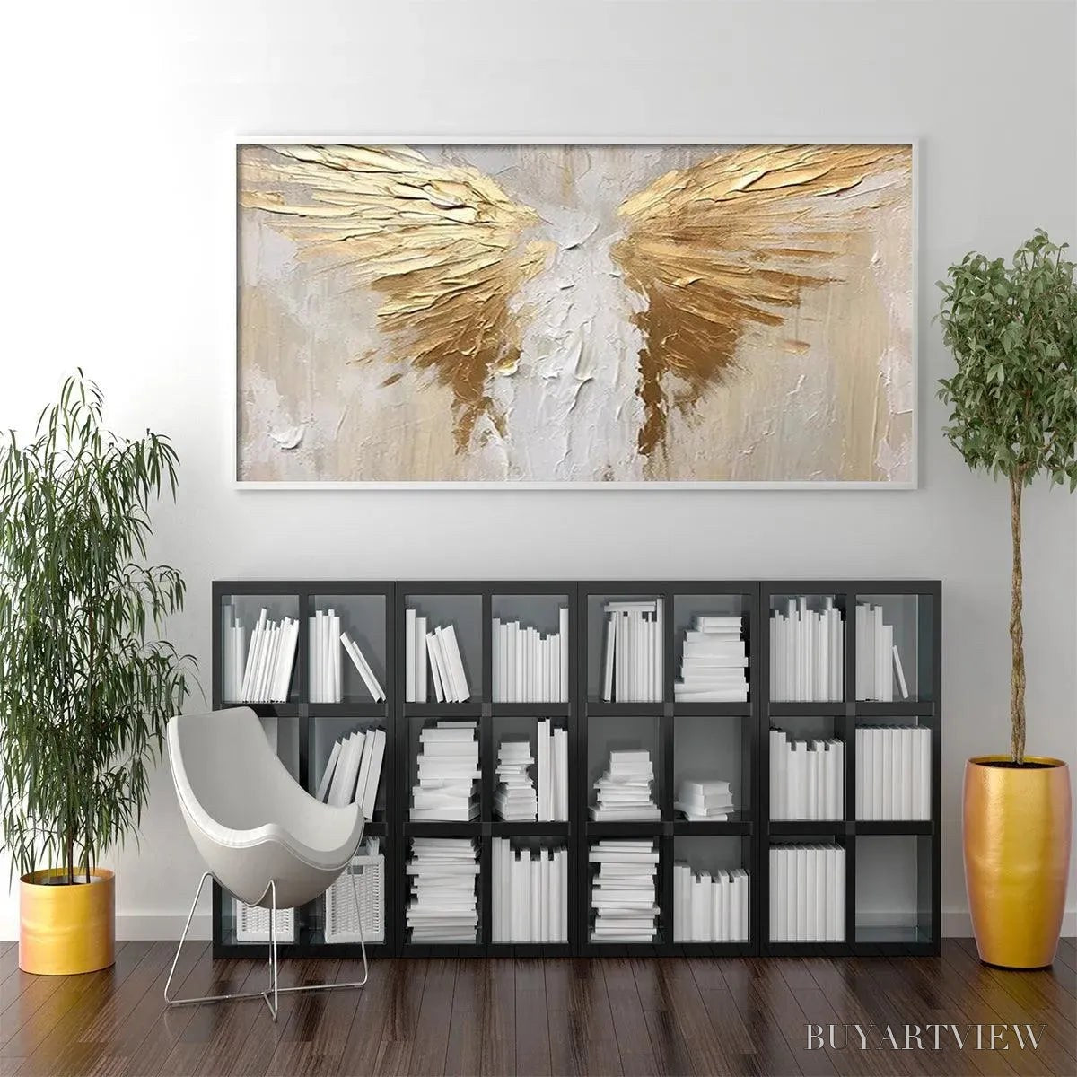 ARTOVITAS Golden Wings – Textured Abstract Painting, Gold and Beige , Panoramic Canvas, Modern Decor - image 6