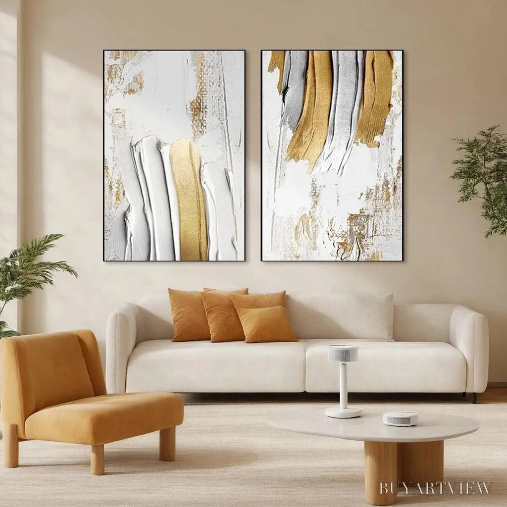 ARTOVITAS Golden Lines Diptych – Textured Abstract Painting Set of 2, Vertical - image 2