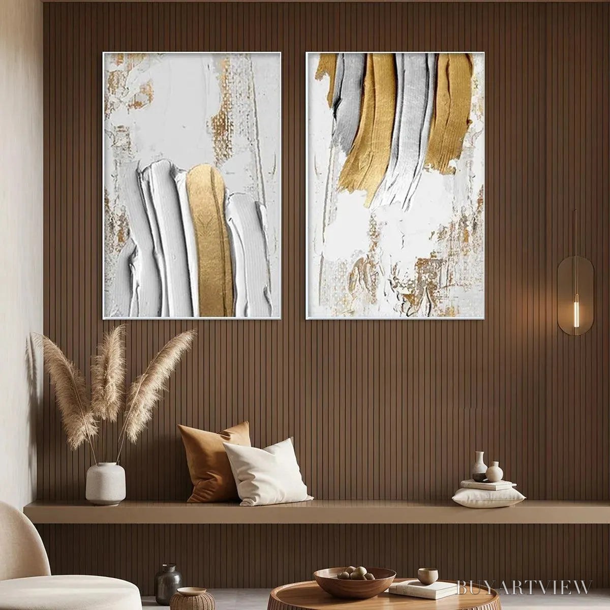 ARTOVITAS Golden Lines Diptych – Textured Abstract Painting Set of 2, Vertical - image 4