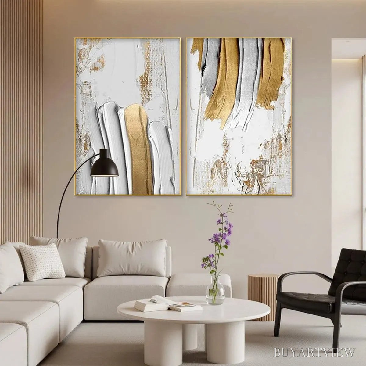 ARTOVITAS Golden Lines Diptych – Textured Abstract Painting Set of 2, Vertical - image 5