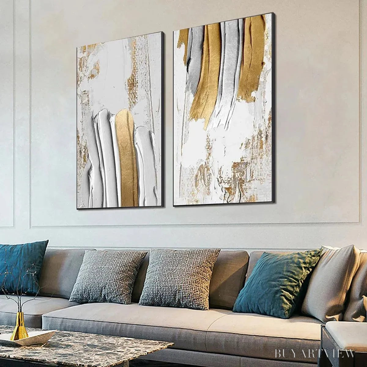ARTOVITAS Golden Lines Diptych – Textured Abstract Painting Set of 2, Vertical - image 6