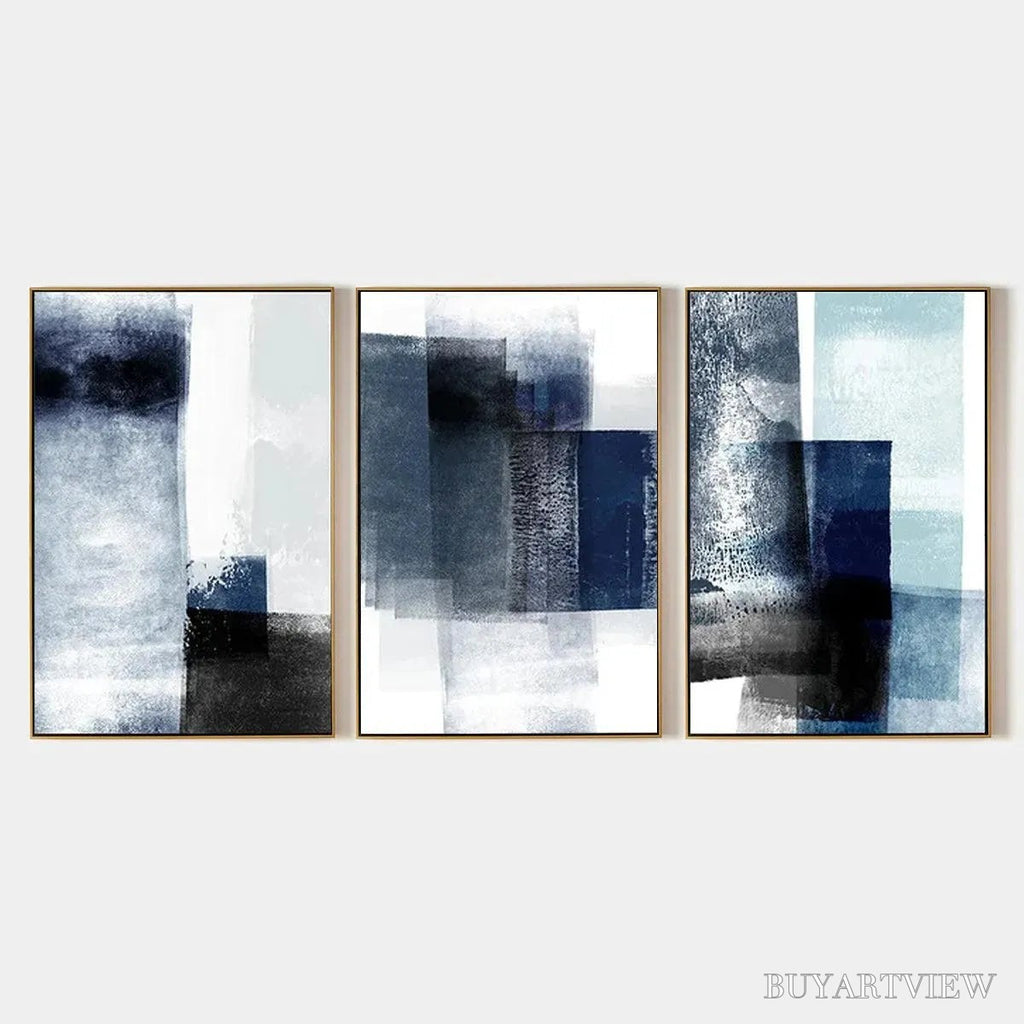ARTOVITAS Blue Abstract Triptych – Abstract Painting Set of 3, Vertical - image 1