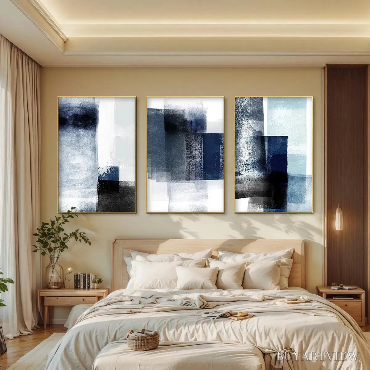 ARTOVITAS Blue Abstract Triptych – Abstract Painting Set of 3, Vertical - image 4