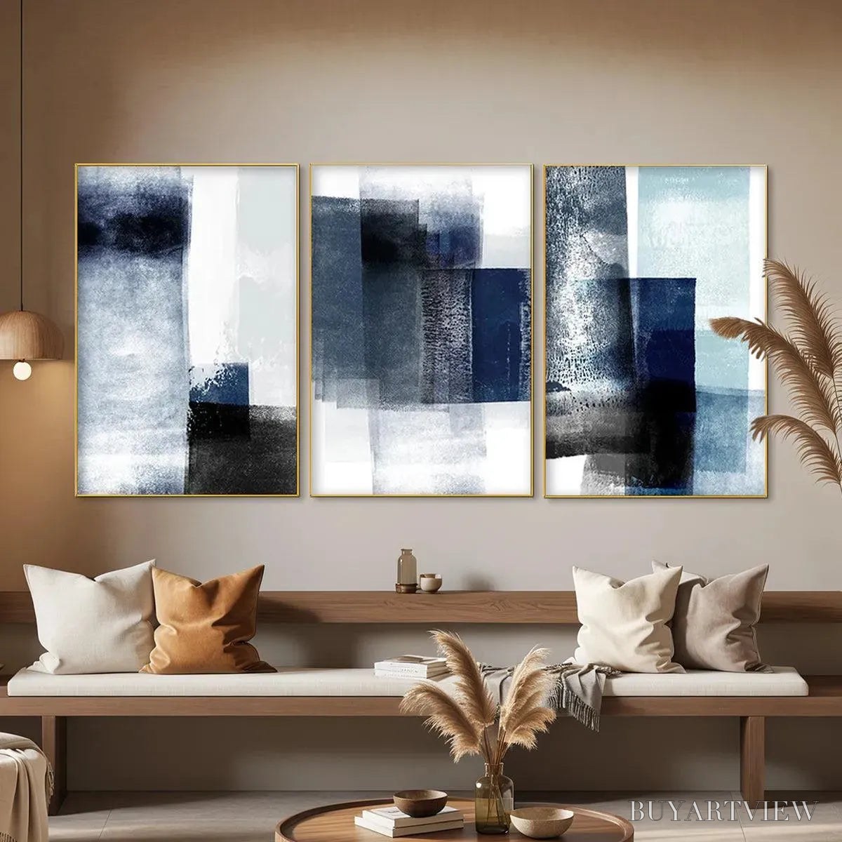 ARTOVITAS Blue Abstract Triptych – Abstract Painting Set of 3, Vertical - image 5