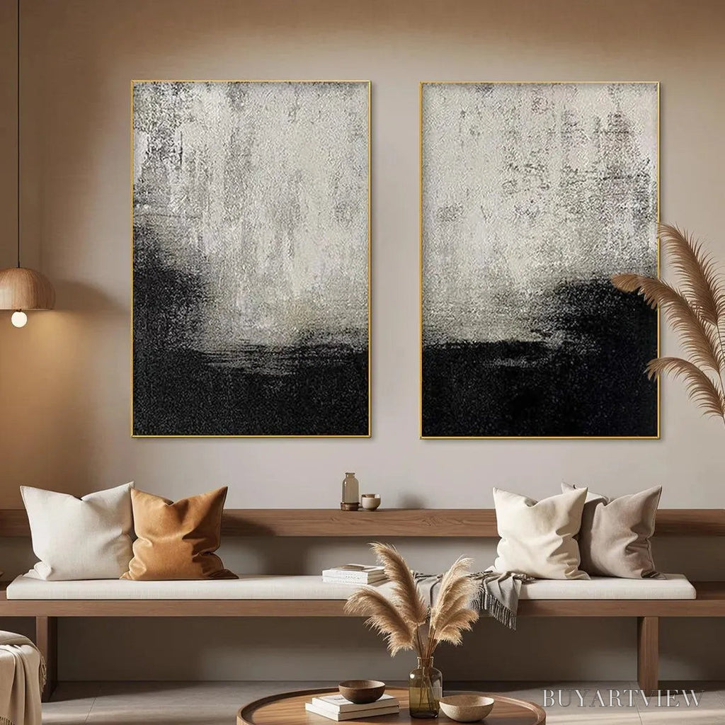 ARTOVITAS Black & White Abstract Diptych – Textured Abstract Painting Set of 2, Vertical - image 2