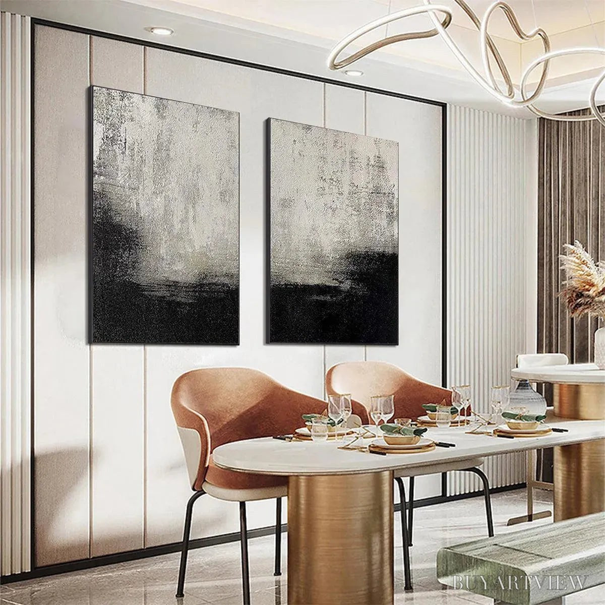 ARTOVITAS Black & White Abstract Diptych – Textured Abstract Painting Set of 2, Vertical - image 3