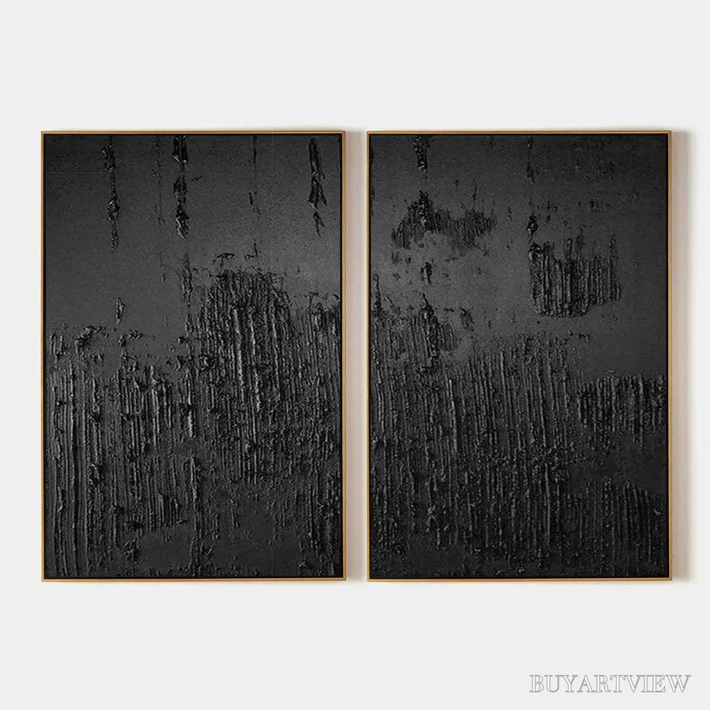 ARTOVITAS Black Textured Diptych – Textured Abstract Painting Set of 2, Vertical - image 1