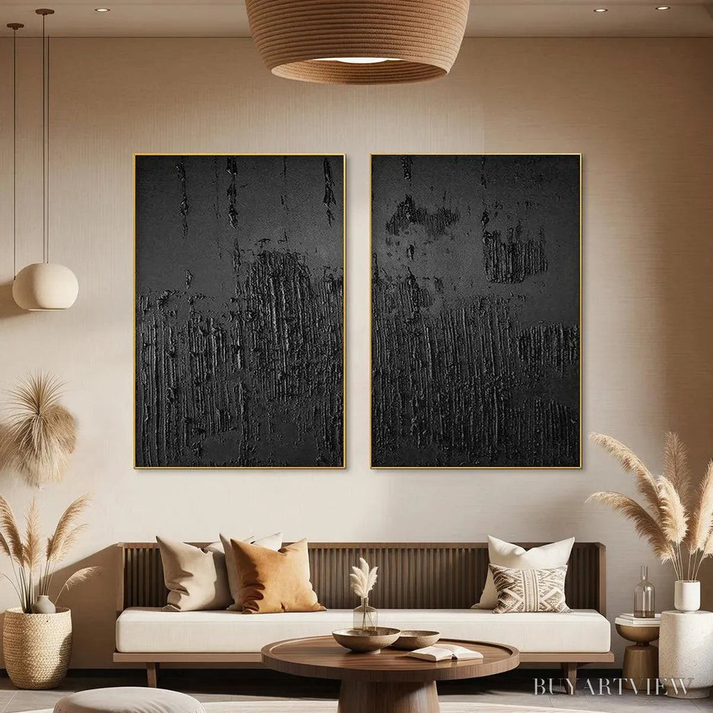 ARTOVITAS Black Textured Diptych – Textured Abstract Painting Set of 2, Vertical - image 2
