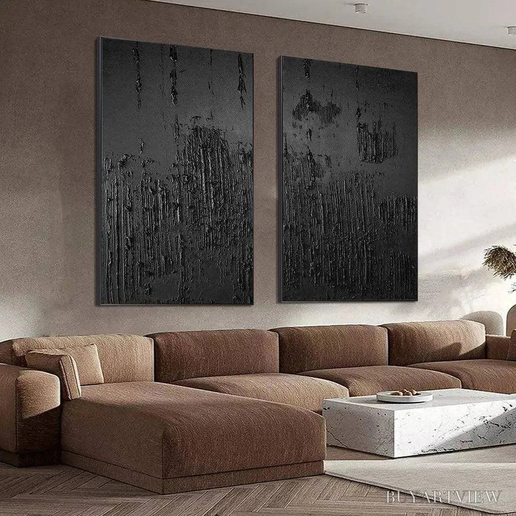 ARTOVITAS Black Textured Diptych – Textured Abstract Painting Set of 2, Vertical - image 3