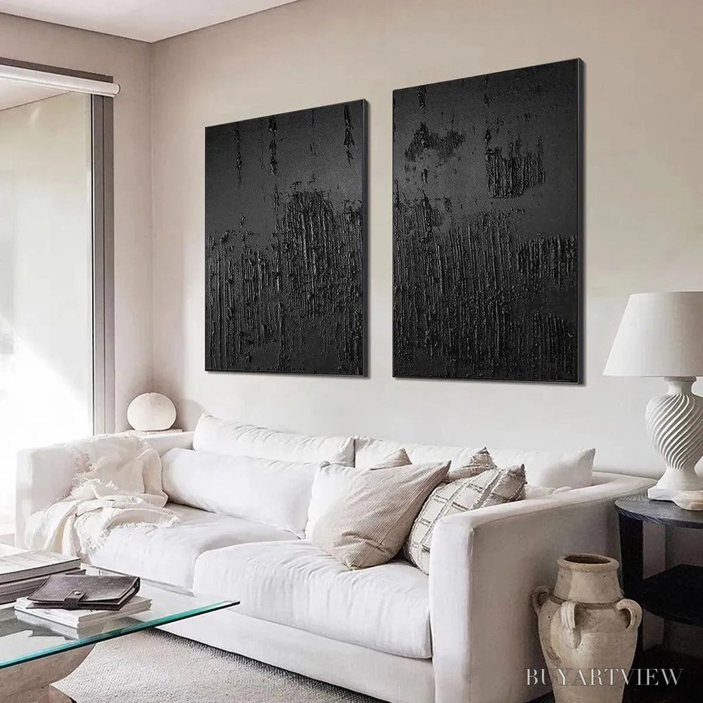 ARTOVITAS Black Textured Diptych – Textured Abstract Painting Set of 2, Vertical - image 5