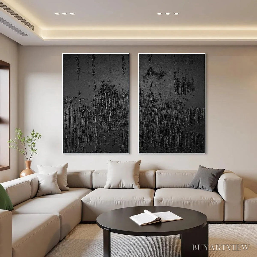 ARTOVITAS Black Textured Diptych – Textured Abstract Painting Set of 2, Vertical - image 6