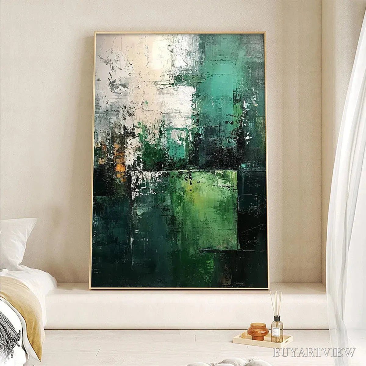 ARTOVITAS Textured Green Abstract – Impasto Abstract Painting, Vertical - image 5