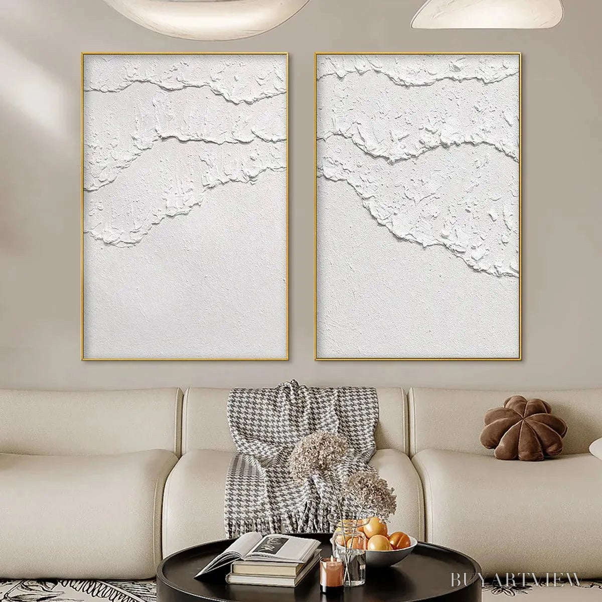ARTOVITAS White Textured Waves Diptych – Textured Abstract Painting Set of 2, Vertical - image 2