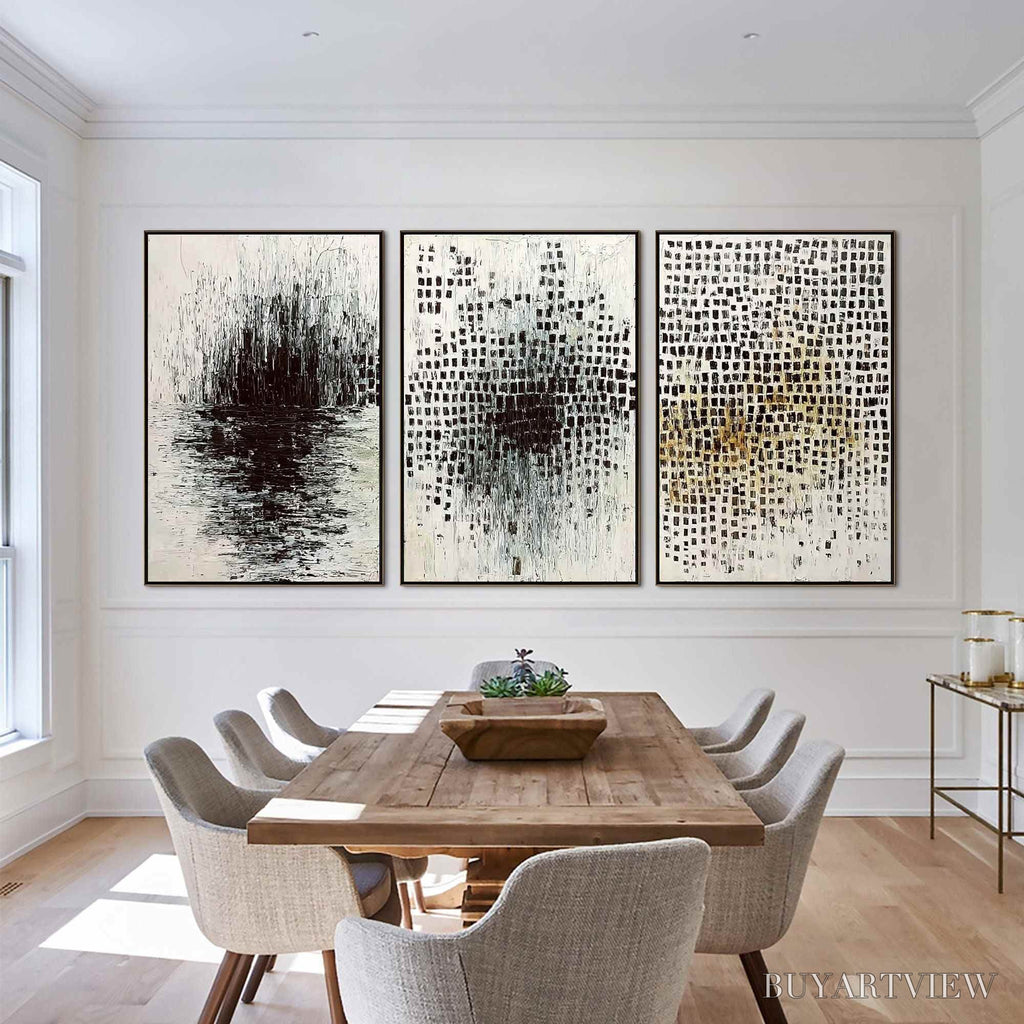 ARTOVITAS Monochrome Metamorphosis – Wabi Sabi Textured Abstract Triptych - image 2