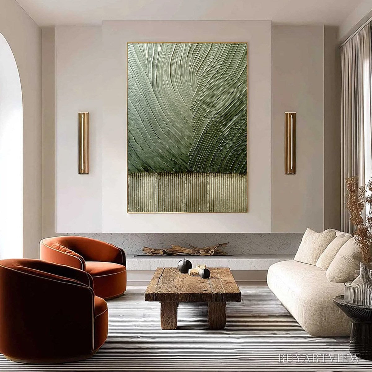 ARTOVITAS Earthen Weave – Textured Green and Beige Wabi Sabi Abstract Painting - image 2