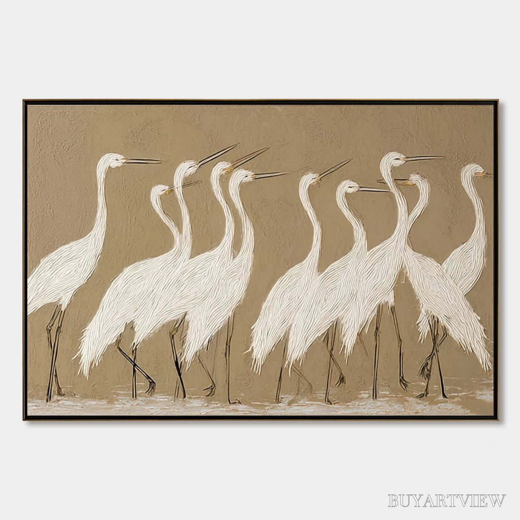 ARTOVITAS Coastal Congregation – Textured Wabi Sabi Egret Painting on Neutral Canvas - image 1