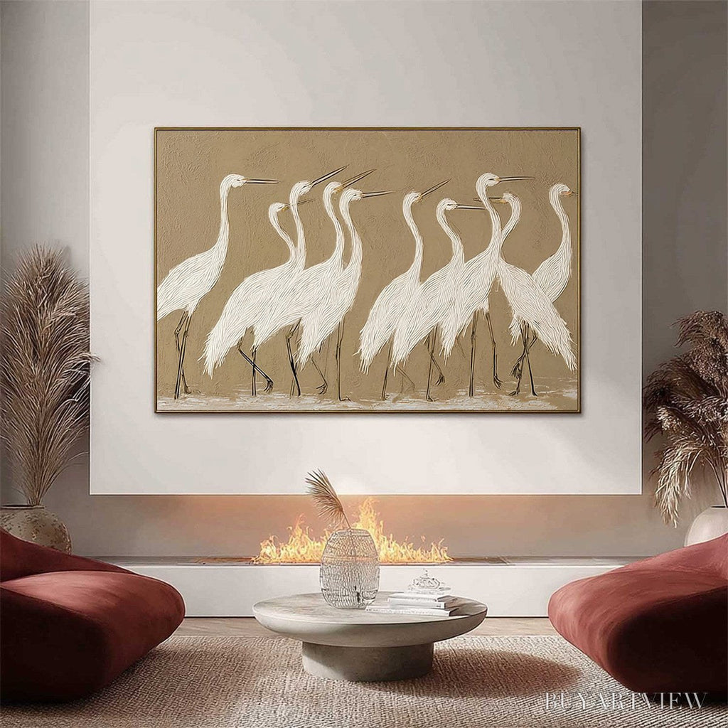 ARTOVITAS Coastal Congregation – Textured Wabi Sabi Egret Painting on Neutral Canvas - image 2