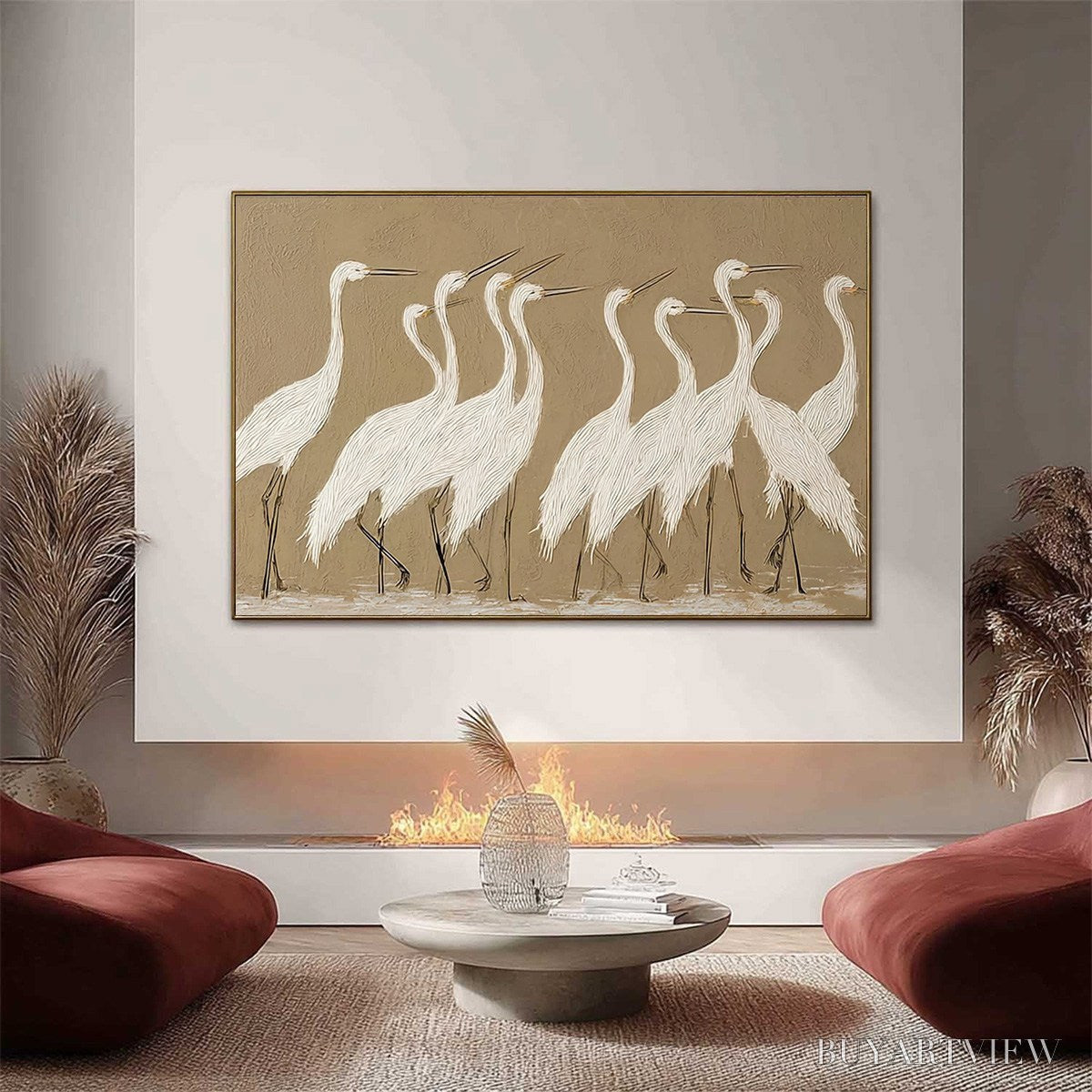 ARTOVITAS Coastal Congregation – Textured Wabi Sabi Egret Painting on Neutral Canvas - image 2