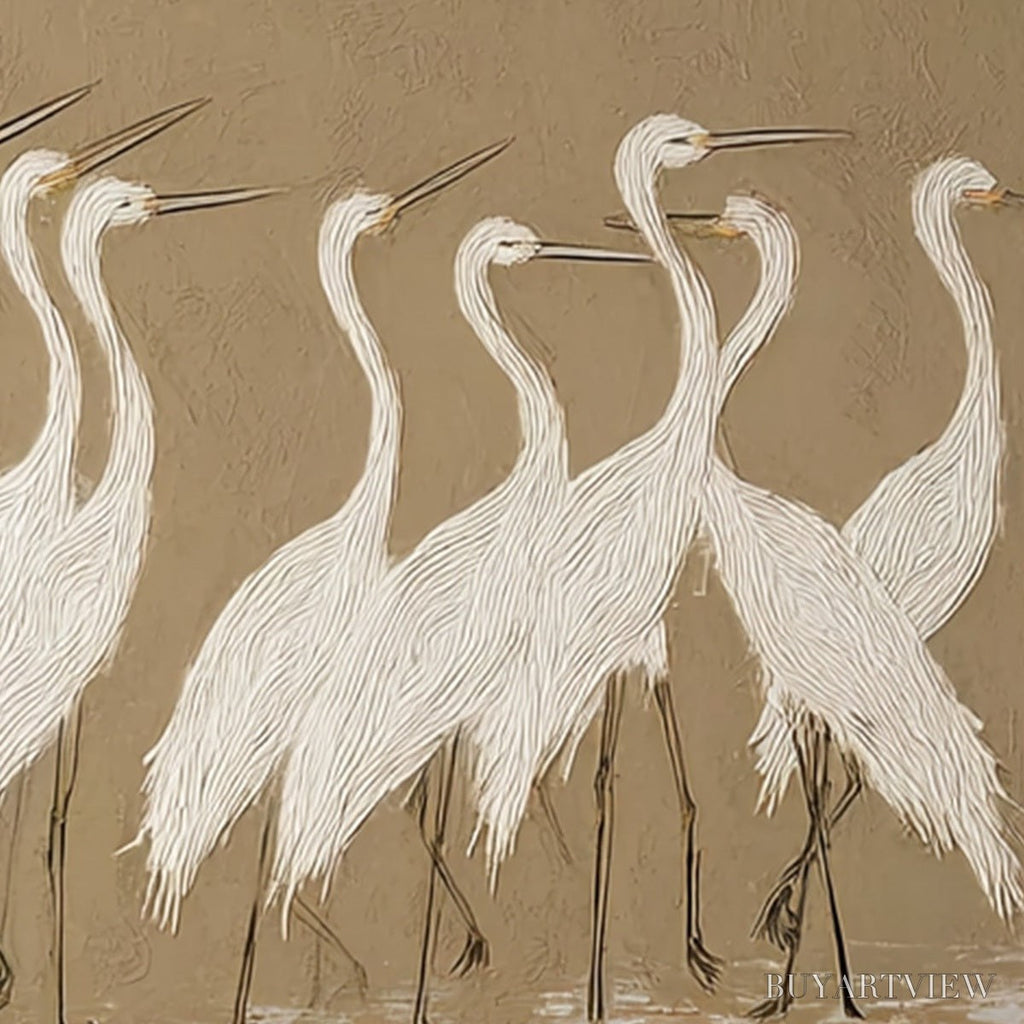 ARTOVITAS Coastal Congregation – Textured Wabi Sabi Egret Painting on Neutral Canvas - image 3