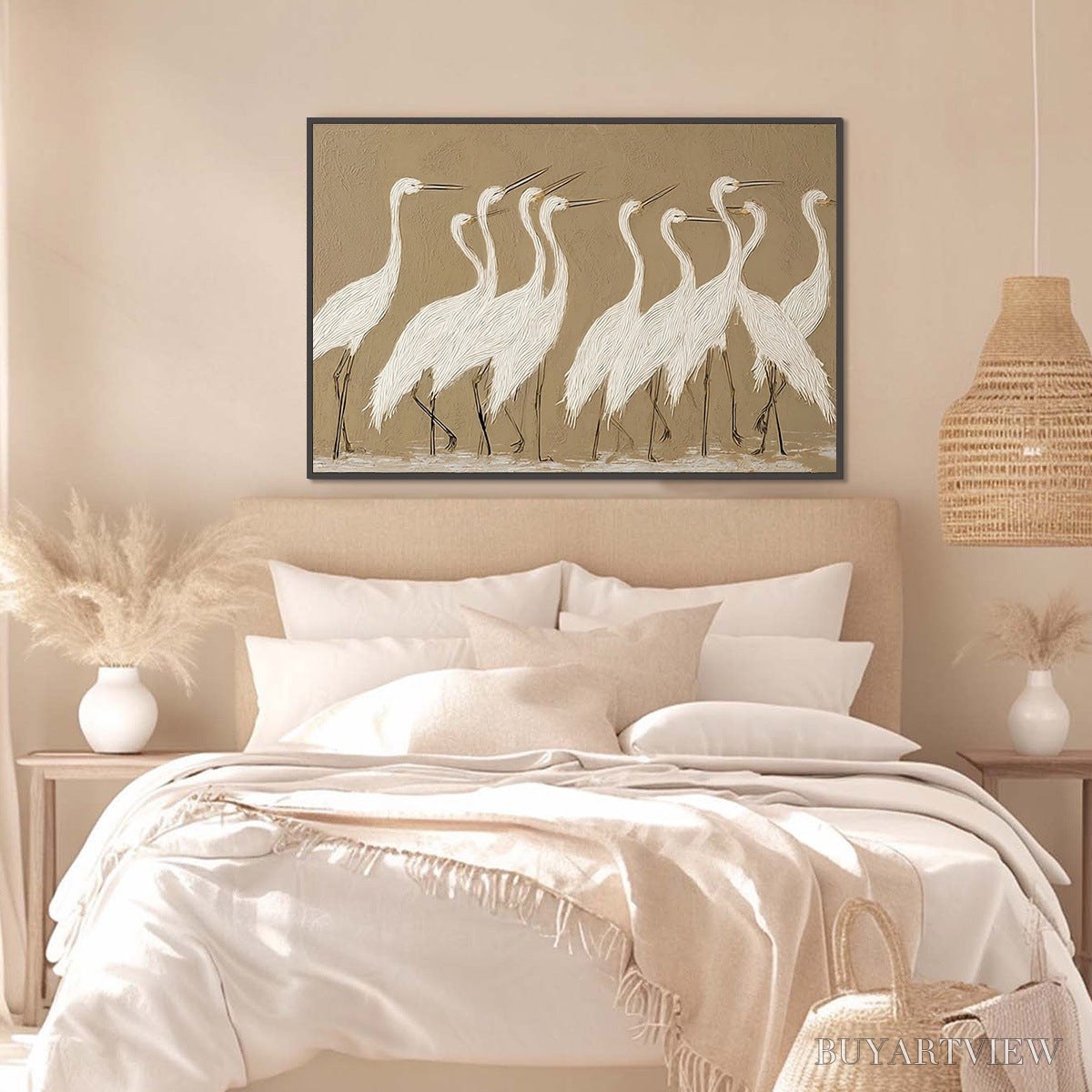 ARTOVITAS Coastal Congregation – Textured Wabi Sabi Egret Painting on Neutral Canvas - image 4