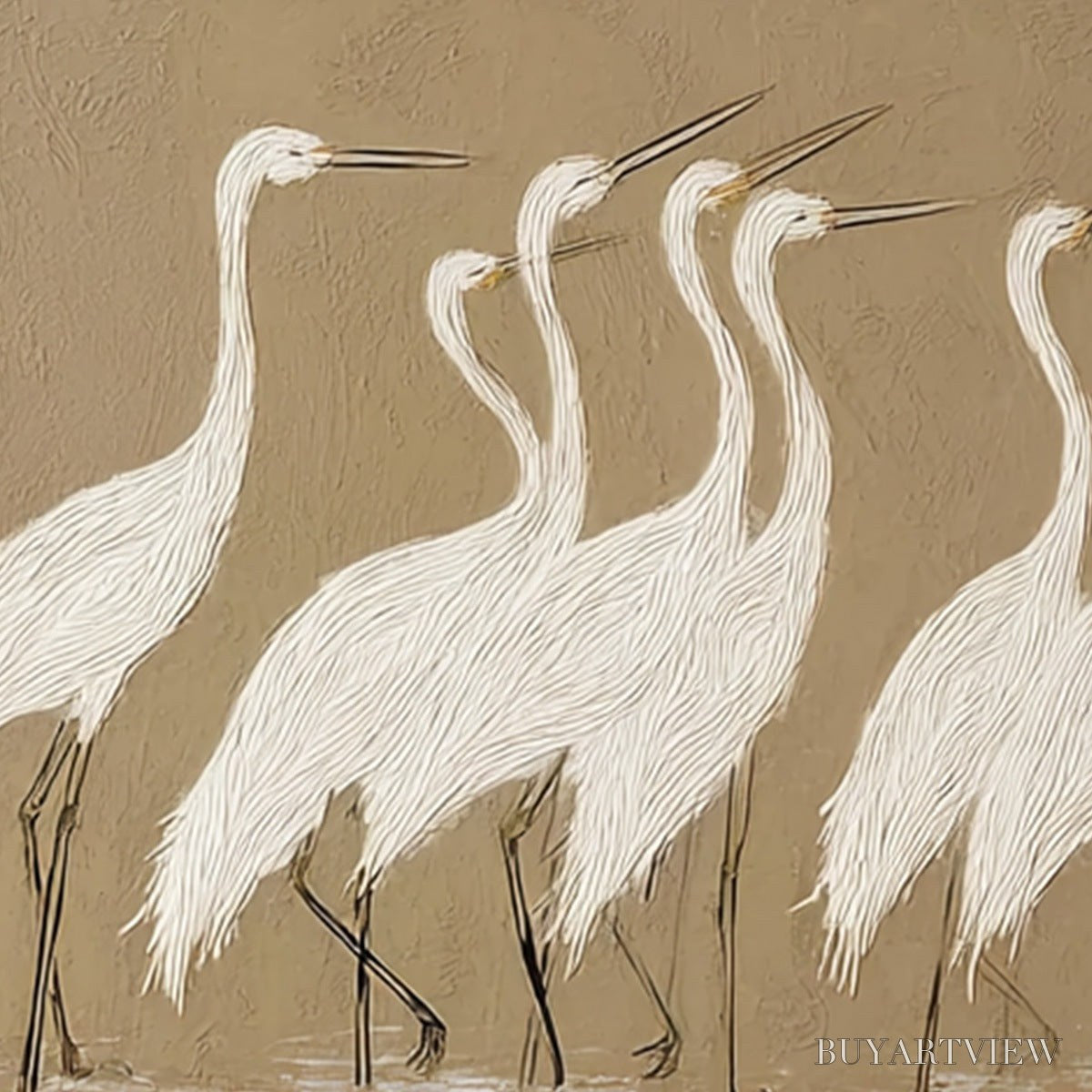 ARTOVITAS Coastal Congregation – Textured Wabi Sabi Egret Painting on Neutral Canvas - image 5