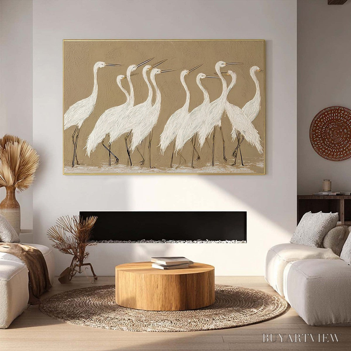 ARTOVITAS Coastal Congregation – Textured Wabi Sabi Egret Painting on Neutral Canvas - image 6