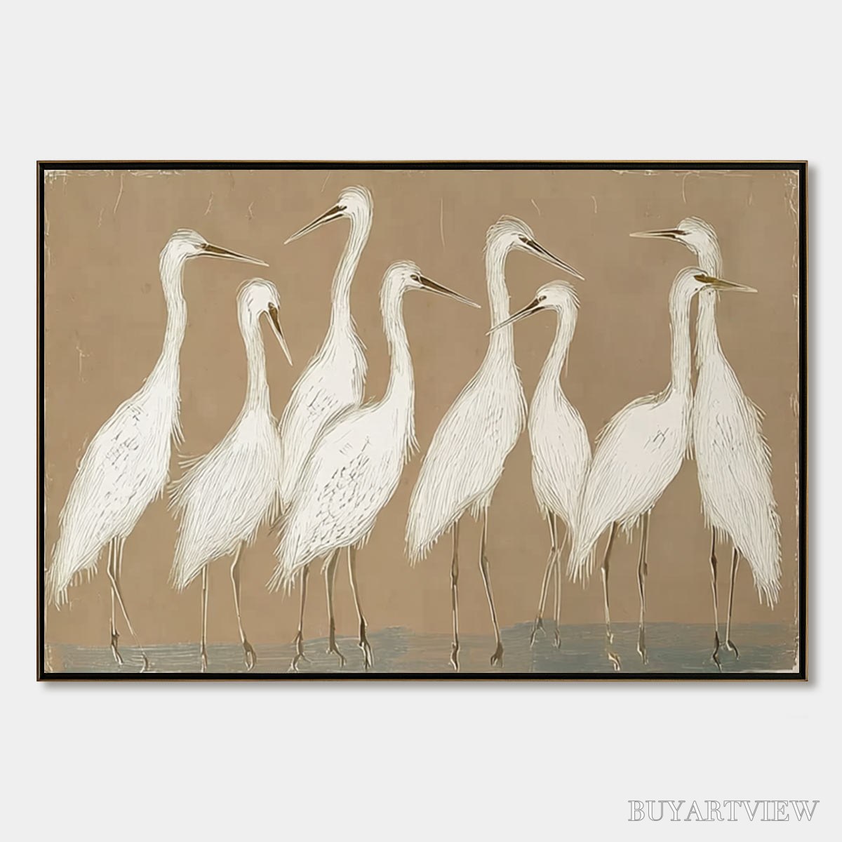 ARTOVITAS the Gathering – Beige Wabi Sabi Egret Flock Oil Painting on Canvas - image 1
