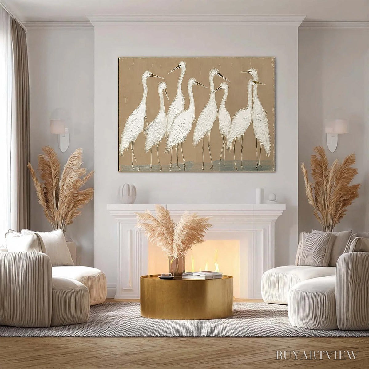 ARTOVITAS the Gathering – Beige Wabi Sabi Egret Flock Oil Painting on Canvas - image 2