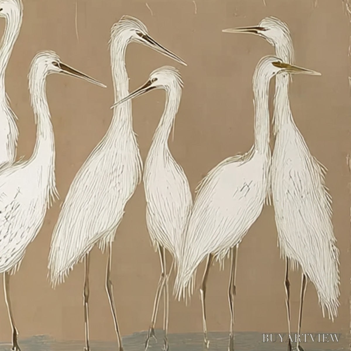 ARTOVITAS the Gathering – Beige Wabi Sabi Egret Flock Oil Painting on Canvas - image 3
