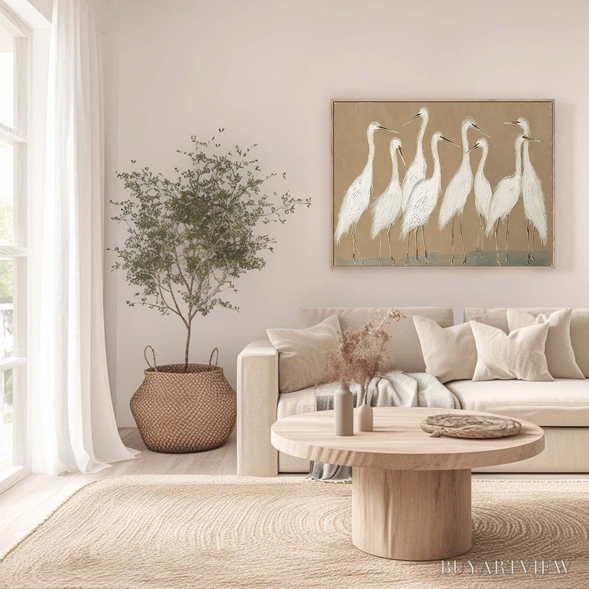 ARTOVITAS the Gathering – Beige Wabi Sabi Egret Flock Oil Painting on Canvas - image 4