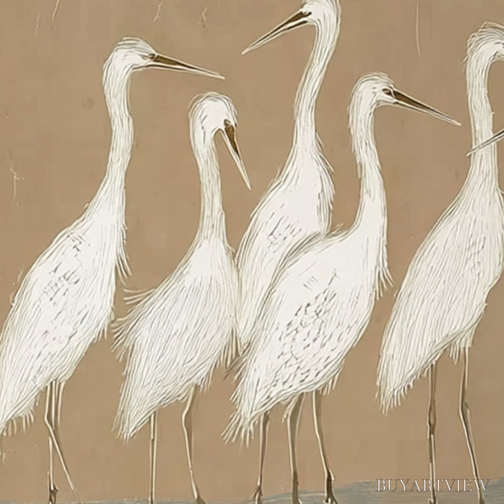 ARTOVITAS the Gathering – Beige Wabi Sabi Egret Flock Oil Painting on Canvas - image 5