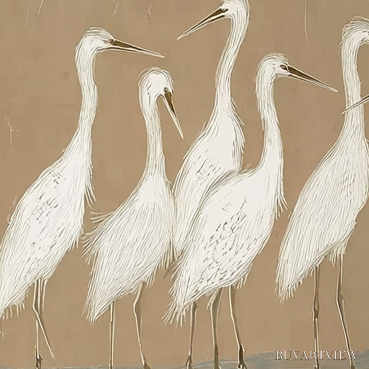 ARTOVITAS the Gathering – Beige Wabi Sabi Egret Flock Oil Painting on Canvas - image 5