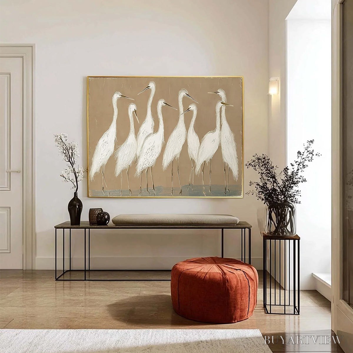 ARTOVITAS the Gathering – Beige Wabi Sabi Egret Flock Oil Painting on Canvas - image 6
