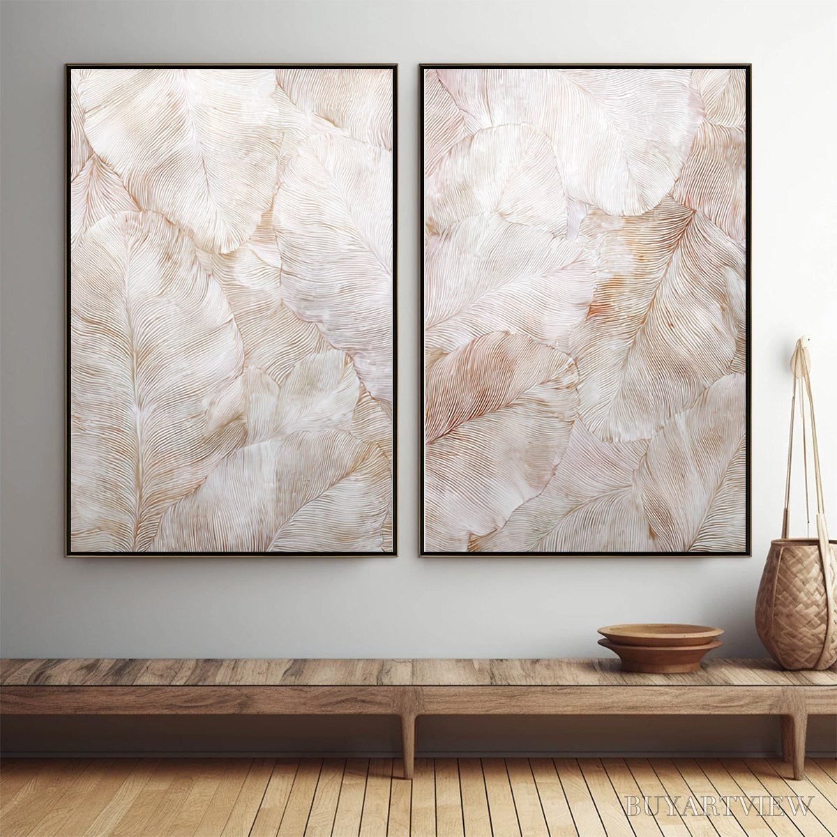 ARTOVITAS Whispering Plumes – Textured Wabi Sabi Feather Painting Diptych - image 2