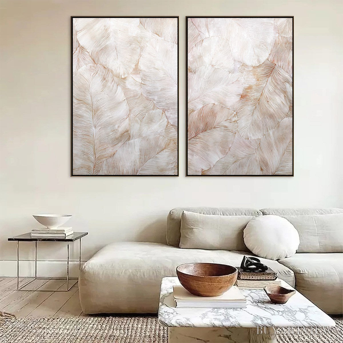 ARTOVITAS Whispering Plumes – Textured Wabi Sabi Feather Painting Diptych - image 3