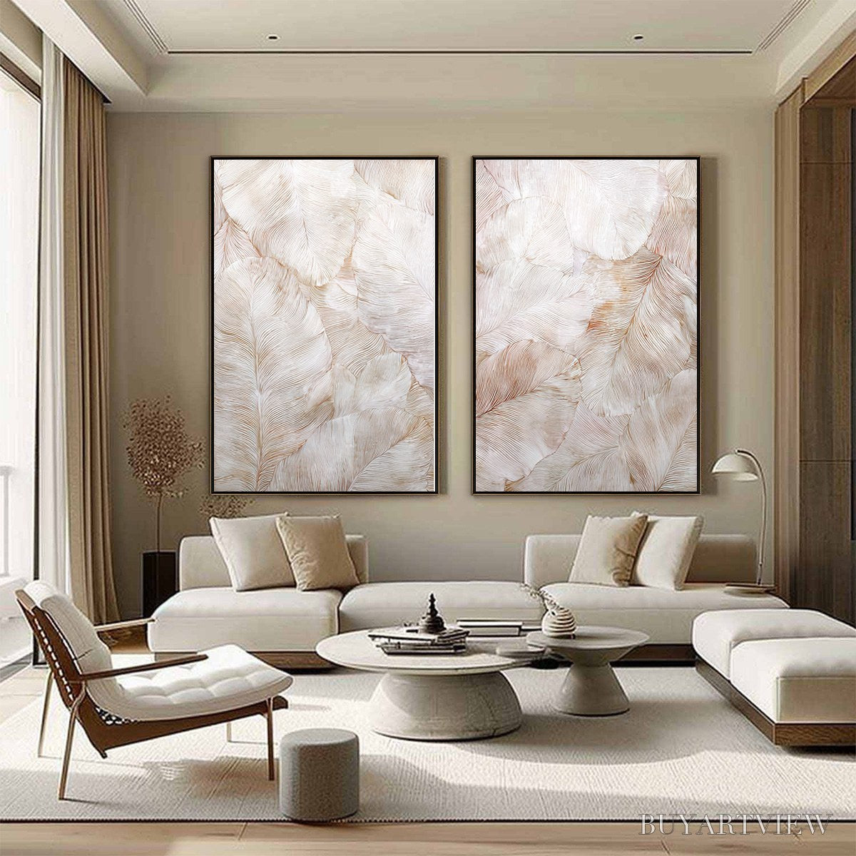 ARTOVITAS Whispering Plumes – Textured Wabi Sabi Feather Painting Diptych - image 4