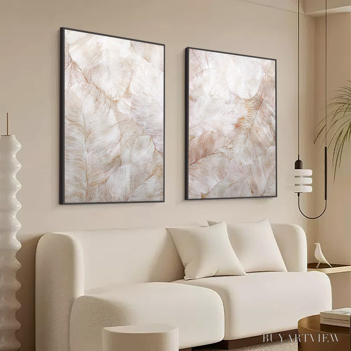 ARTOVITAS Whispering Plumes – Textured Wabi Sabi Feather Painting Diptych - image 5