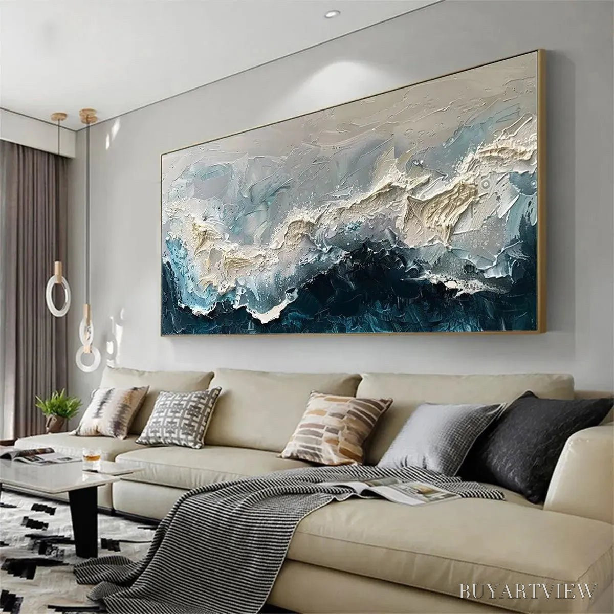 ARTOVITAS Frozen Motion – Textured Abstract Waterscape Painting in Teal and White - image 4