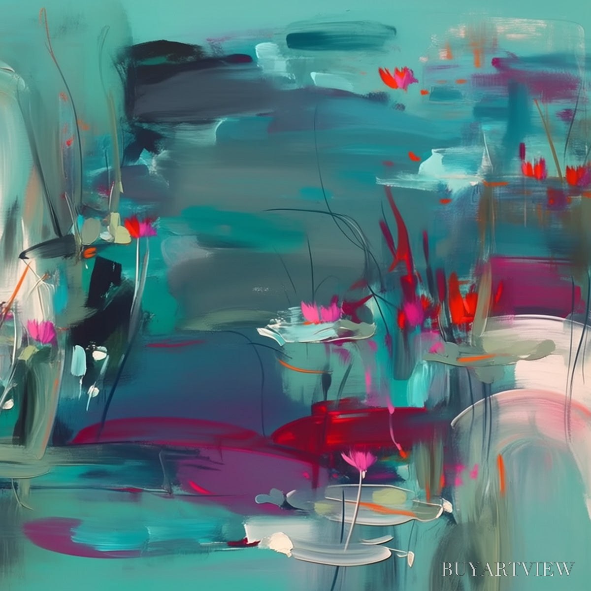 ARTOVITAS Aquatic Reverie – Vibrant Abstract Water Lily Pond Painting - image 5