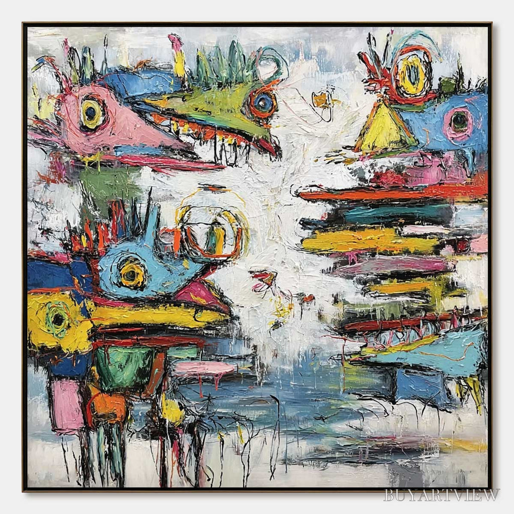 ARTOVITAS Creature Carnival – Colorful Abstract Impasto Painting with Whimsical Figures - image 1