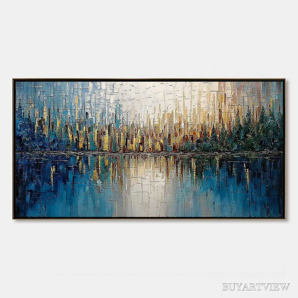 ARTOVITAS Golden Horizon – Textured Abstract Cityscape Reflection Oil Painting - image 1