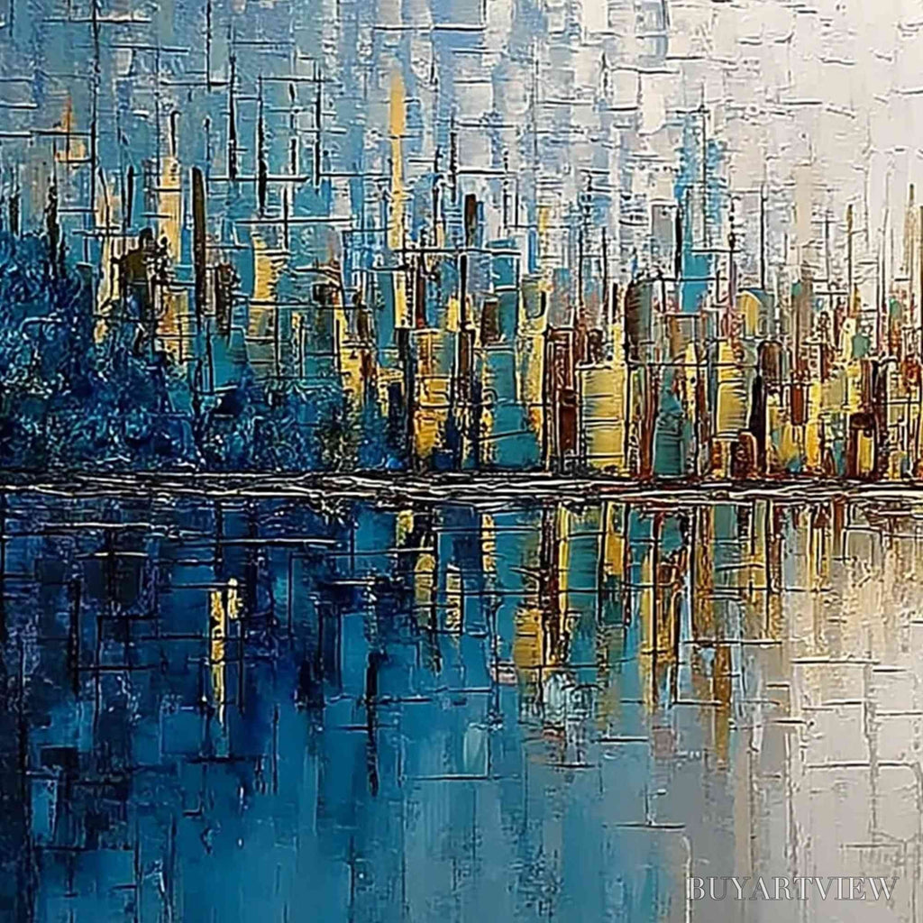 ARTOVITAS Golden Horizon – Textured Abstract Cityscape Reflection Oil Painting - image 3