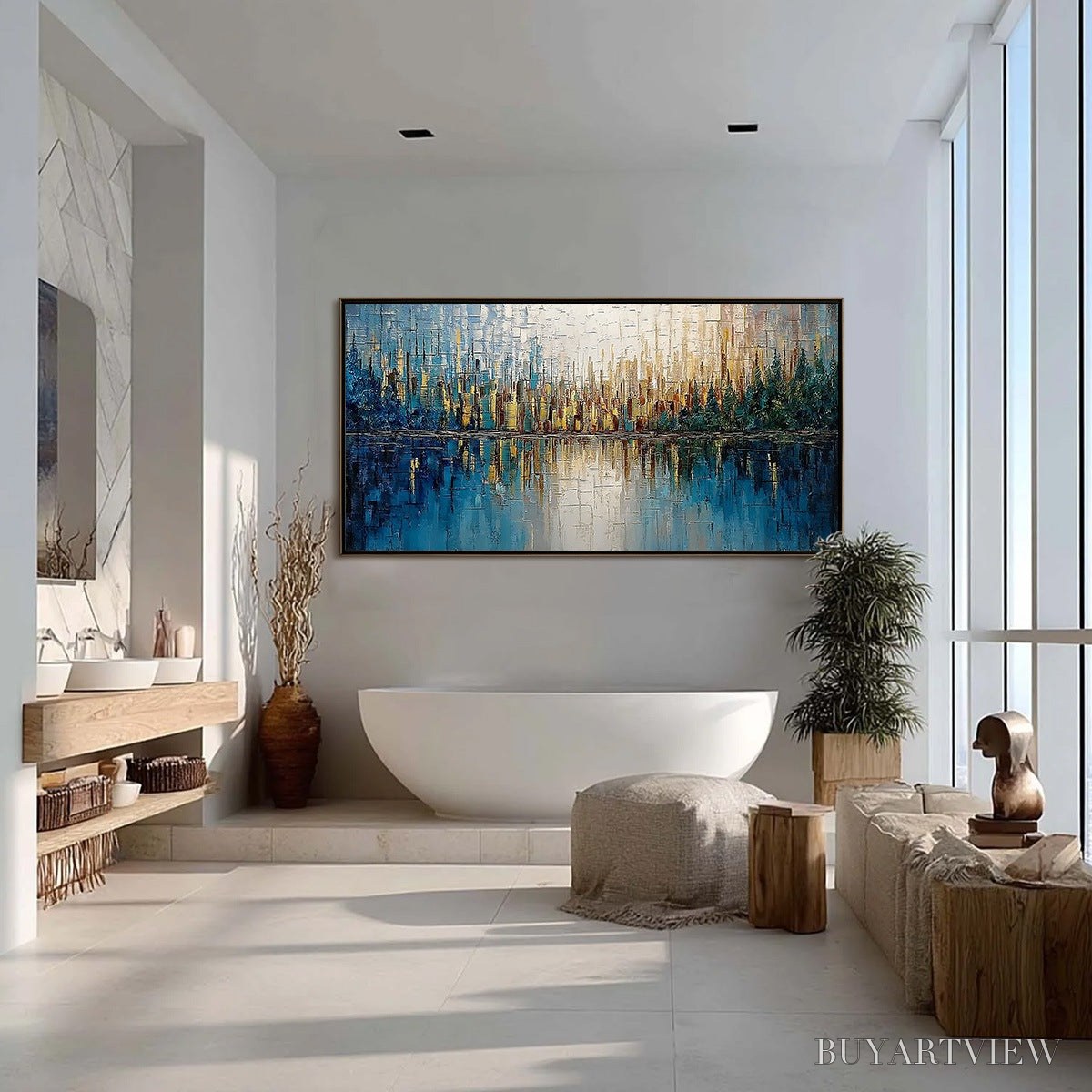 ARTOVITAS Golden Horizon – Textured Abstract Cityscape Reflection Oil Painting - image 4